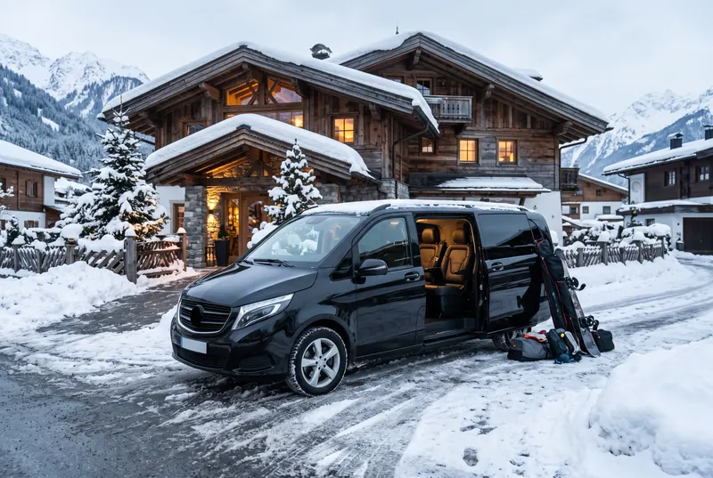 Sfeerafbeelding: zwarte luxe bus met open schuifdeur en skitassen voor een chalet